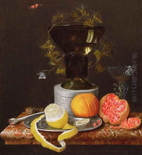 A Still Life with a Glass and Fruit on a Ledge - view 1