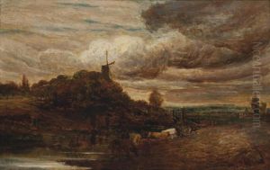 A River Landscape With A Windmill And Cattle by John Linnell