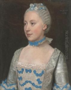 Portrait Of Madame Saint Pol,
Half-length, In A Light Blue Gown Trimmed With Blue Silk Bows And White
Lace by Etienne Liotard