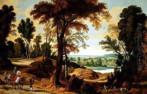 A wooded river landscape with figures on a road by Jan Wildens