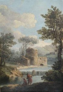 Idealisierte Flusslandschaft Mit Architektur Und Fischerstaffage