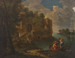 Edificio Con Barche E Pescatori In Un'insenatura Di Un Fiume Edificio Con Barche E Pescatori In Un'insenatura Di Un Fiume