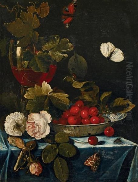 Stillleben Mit Rosen, Romer Und Chinesischer Schale Mit Kirschen - view 1