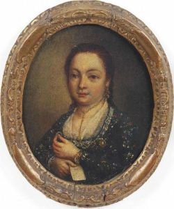 Portrait Of A Lady, Half-length,
 In A Blue Embroidered Dress, Holding A Ring In Her Left Hand And A 
Letter In Her Right