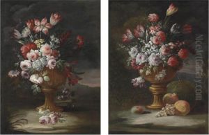 Peonies, Tulips And Other
Flowers In An Urn With Grapes, Pomegranates And Other Fruit In A Wooded
Landscape; And Roses, Peonies, Tulips And Other Flowers In An Urn In A
Wooded Landscape by Gasparo Lopez