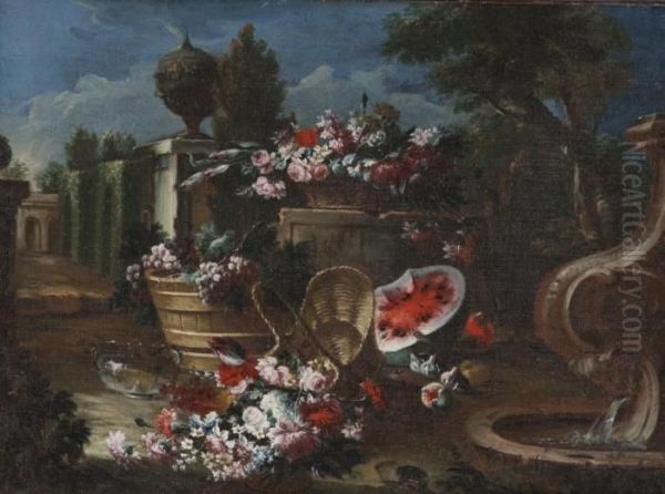 Ceste Con Fiori, Un Tino Con
L'uva, Fichi E Anguria Presso Una Fontana In Un Giardino Con Un Vaso Di
Terracotta Su Una Balaustra - view 1