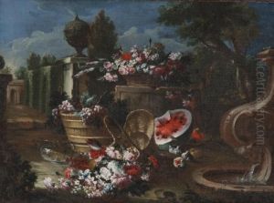 Ceste Con Fiori, Un Tino Con 
L'uva, Fichi E Anguria Presso Una Fontana In Un Giardino Con Un Vaso Di 
Terracotta Su Una Balaustra
