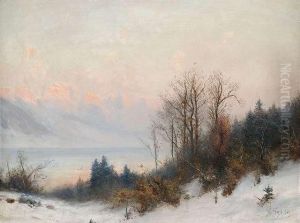 Abendliche Winterlandschaft An Einem See, Im Hintergrund Alpengluhen by Gabriel Loppe