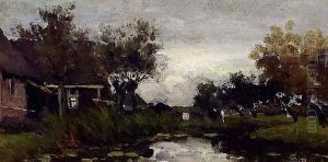 Farmhouses On The Waterfront by Jan Hendrik Weissenbruch