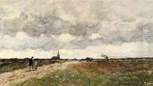 Figures On A Country Road, A Church In The Distance by Jan Hendrik Weissenbruch