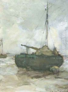 Bomschuit at low tide on the beach by Jan Hendrik Weissenbruch