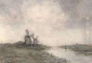 Polder landscape with windmills by Jan Hendrik Weissenbruch