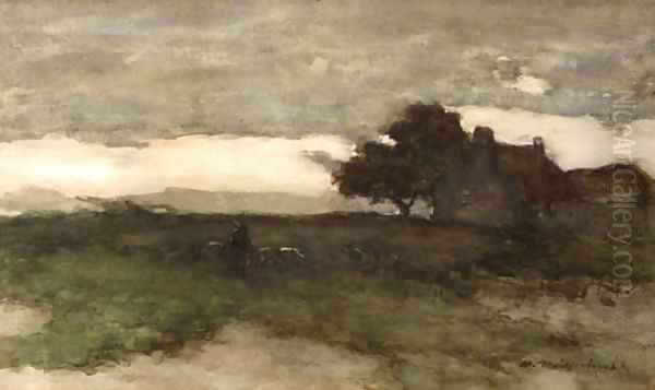 Shepherd with flock in a polder landscape - view 1