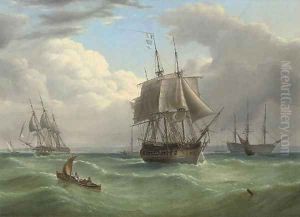 Two large frigates running into Spithead with a flagship of the Blue anchored beyond by Joseph Walter