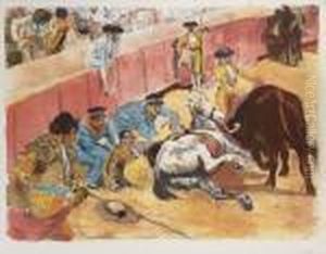 La Corrida : Le Chaval Renverse Le Taureau ; La Mise A Mort by Alexandre Lunois