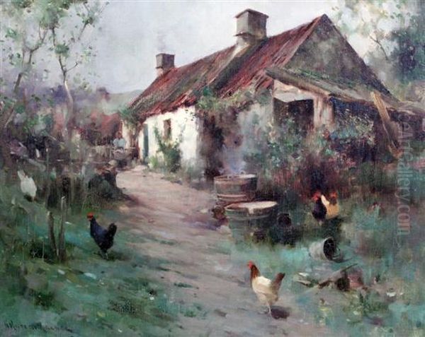 Figure And Chickens Beside A Cottage - view 1
