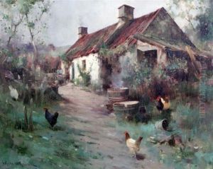 Figure And Chickens Beside A Cottage by Robert Russell Macnee
