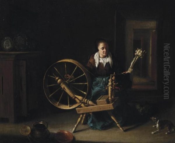 An Old Woman Spinning Wool In An Interior - view 1
