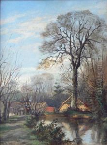 Vue De Ferme Entouree D'etangs by Camille Magnus