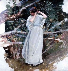 Young woman in a long white dress by Harry Watson