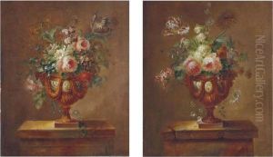 Deux Bouquets De Fleurs Dans Des Vases En Bronze Sur Des Entablements De Pierre by Joseph Laurent Malaine