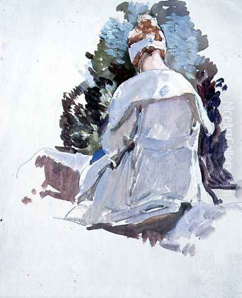 Woman in a white dress sitting upon rocks - view 1