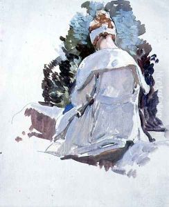 Woman in a white dress sitting upon rocks by Harry Watson
