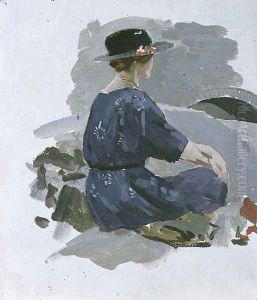 Woman in a blue dress and wide brimmed hat sitting upon rocks by Harry Watson