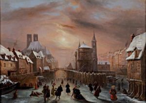 Village Sous La Neige Avec Des Patineurs Sur Le Fleuve by Louis Claude Malbranche