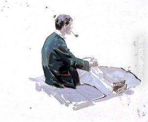 Man sitting upon rocks smoking a pipe by Harry Watson