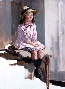 Portrait of a young girl in a pink dress and a straw hat by Harry Watson