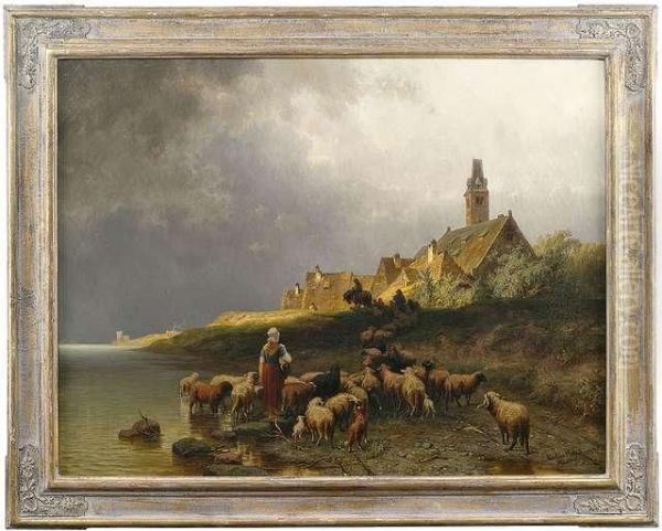Hollandische Uferlandschaft Mit Heimkehrender Schafherde - view 1