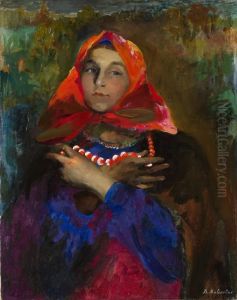 Russian Maiden In A Red Headscarf by Philippe Andreevitch Maliavine