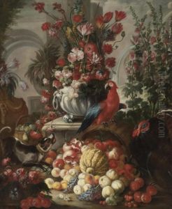 Still Life Of Fruit And Flowers With A Dog, A Parrot And A Turkey