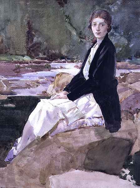 Young woman sitting upon rocks - view 1