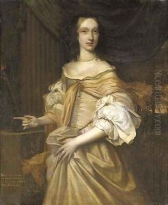 Portrait of Lady Catherine Dormer, three-quarter-length, in a pink dress with jewels and a pearl necklace, by a column