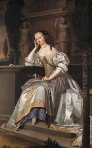 Portrait of Elizabeth, Countess of Westmorland, full-length, seated in a white satin dress with gold and silver brocade by John Michael Wright
