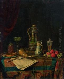 1-chopes, Livre, Verres, 
Assiette De Fruits, Harengs, Corne Et Journal Sur Un Entablement by Josef Mansfeld