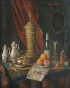 Stilleben Mit Porzellan, Obst, Sektflasche Und Deckelhumpen