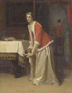 An Elegant Lady with her Dog in an Interior by Florent Willems