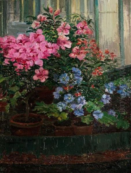Blumentopfe Mit Azaleen Und Blauen Topfblumen Vor Wintergartenfenstern - view 1