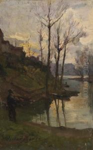 Spring Landscape At Dusk With Figure by Victor Marec