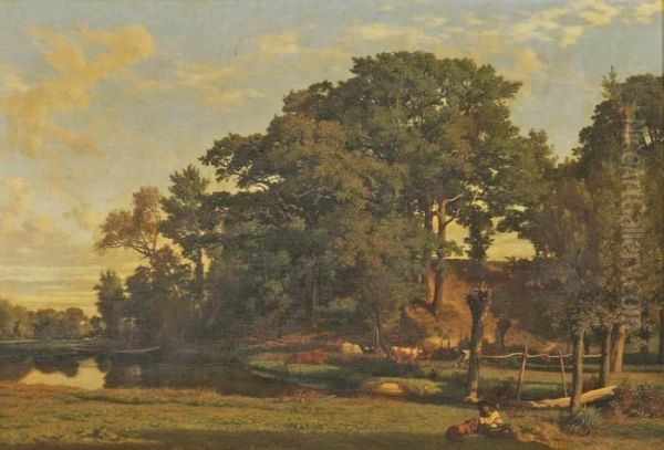 A Drover And Cattle In A River Landscape, A Man And His Dog - view 1
