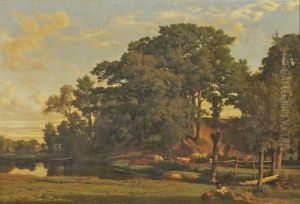 A Drover And Cattle In A River Landscape, A Man And His Dog by Prosper-Georges-Antoine Marilhat