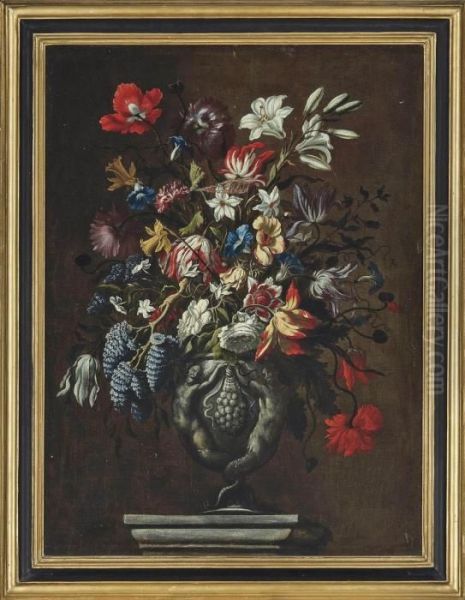 Tulips, Carnations, Narcissi, 
Poppies, Jasmin, Convulvulus And Other Flowers In A Sculpted Urn On A 
Plinth - view 1