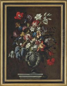 Tulips, Carnations, Narcissi,
Poppies, Jasmin, Convulvulus And Other Flowers In A Sculpted Urn On A
Plinth by Mario Nuzzi Mario Dei Fiori