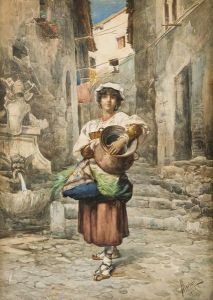 Roma, Giovane Popolana Nei Pressi Di Una Fontana by Leopoldo Mariotti