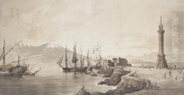 Shipping In The Bay Of Naples With The Old Molo, Vesuvius - view 1