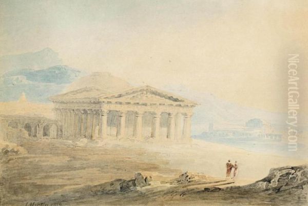 Figures In Classical Dress Standing Before A Temple - view 1