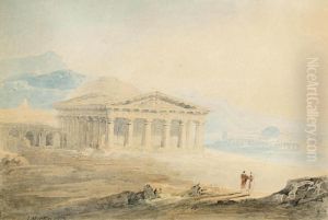 Figures In Classical Dress Standing Before A Temple